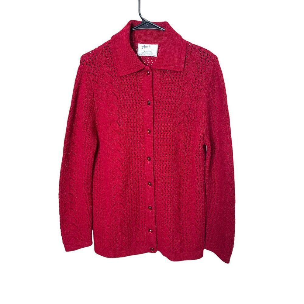 Vintage Duet Creations Red Knit Cardigan Sweater Size M‎